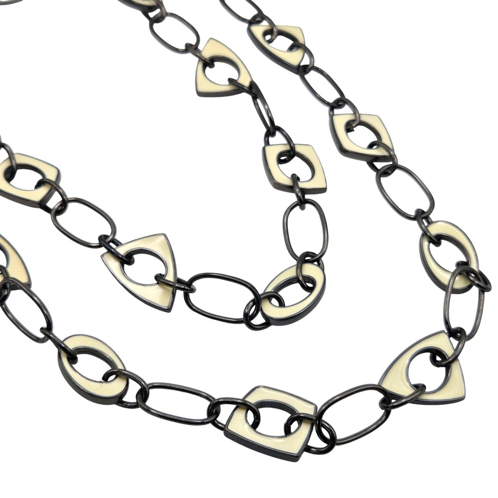 Lia Sophia Gunmetal Cream Enamel Geometric Station Long Necklace Adjustable